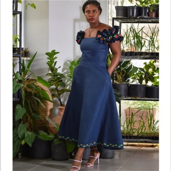 Fanm Mon Blue Midi Dress with Red Accents - Picture 2 of 13